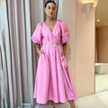 Pullover a Line V Neck Simple One Piece Dress Women French Fall Puff Sleeve Pink Midi Long Lady Elegant Casual Women's Dresses