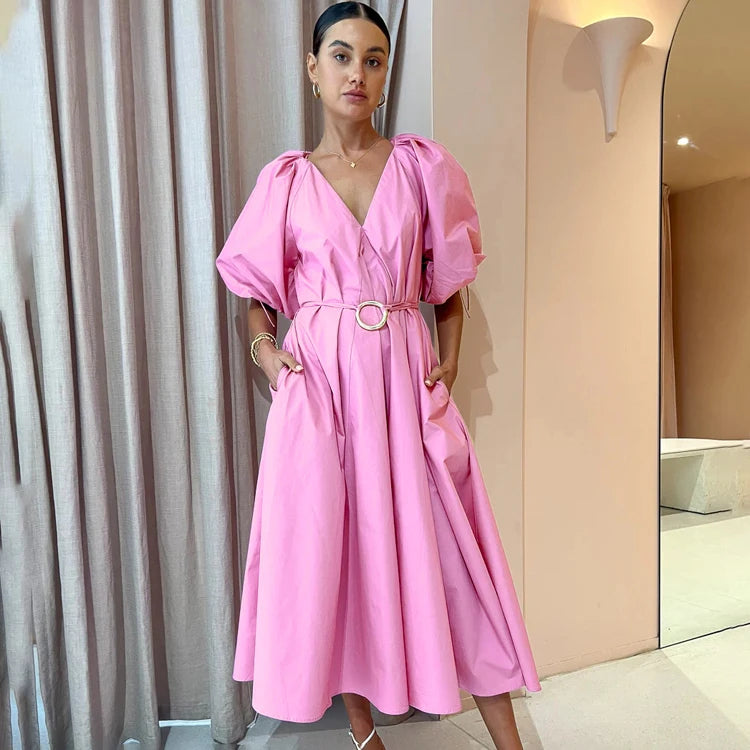 Pullover a Line V Neck Simple One Piece Dress Women French Fall Puff Sleeve Pink Midi Long Lady Elegant Casual Women's Dresses