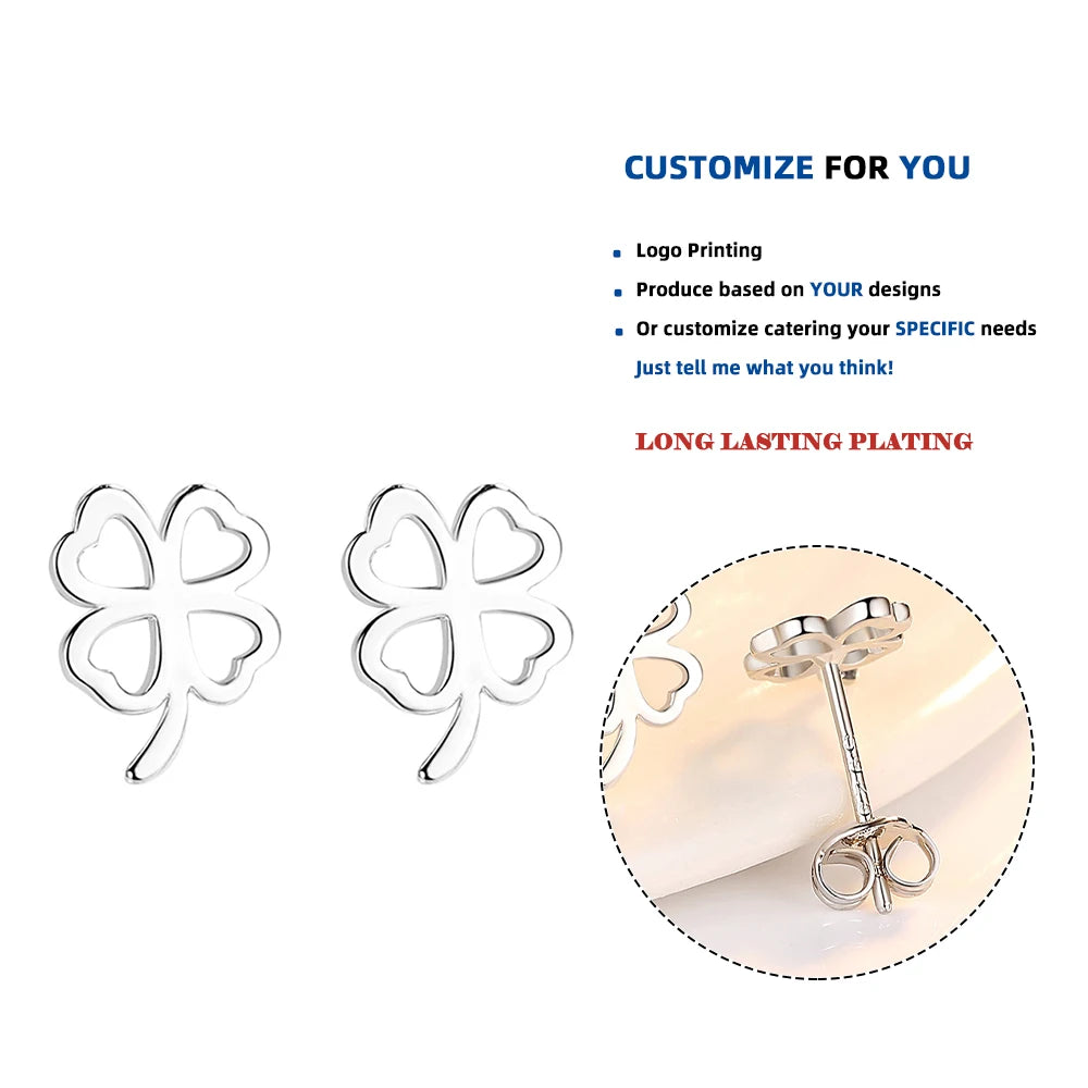E51 Design 925 Sterling Silver Four Leaf Clover Shaped Pendant Hollow Gold Plated Butterfly Stud Earrings with Charm