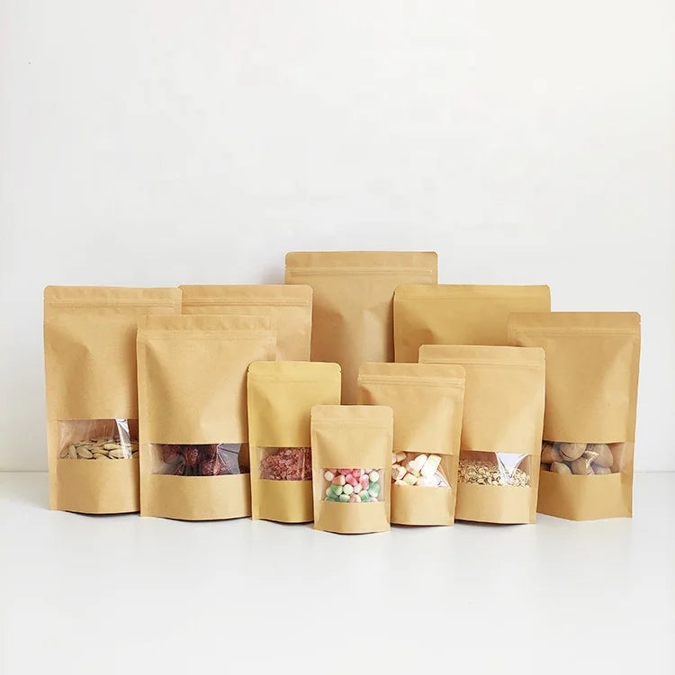 9x14cm Small Mini Size Recyclable Brown Color clear Window Kraft Paper Bag with Zipper for Food Packing