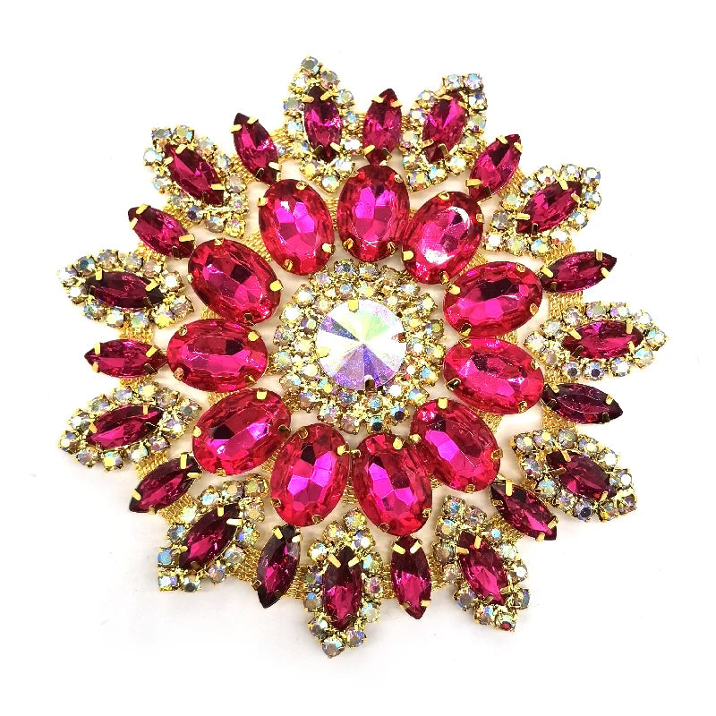 New Collection Rhinestone Crystal Hot pink ab Gold Metal Trim Appliques Patches Crystal Sewing Bridal Appliques for Clothes