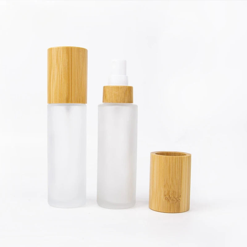 Bamboo Lid Travel Spray Bottles Cream Pump Dispenser Empty Frosted Glass Lotion Spray Bottles Cosmetic Container Jar Vials