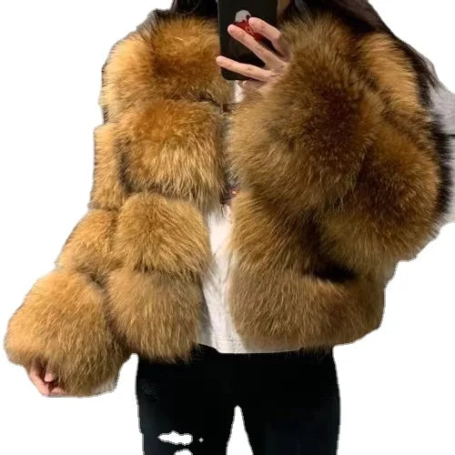 Luxury Women's Winter Blazer Coat Long-Sleeve Faux Fox Fur Jacket Zipper Closure Natural Color Short Warm Parka Outwear Woven