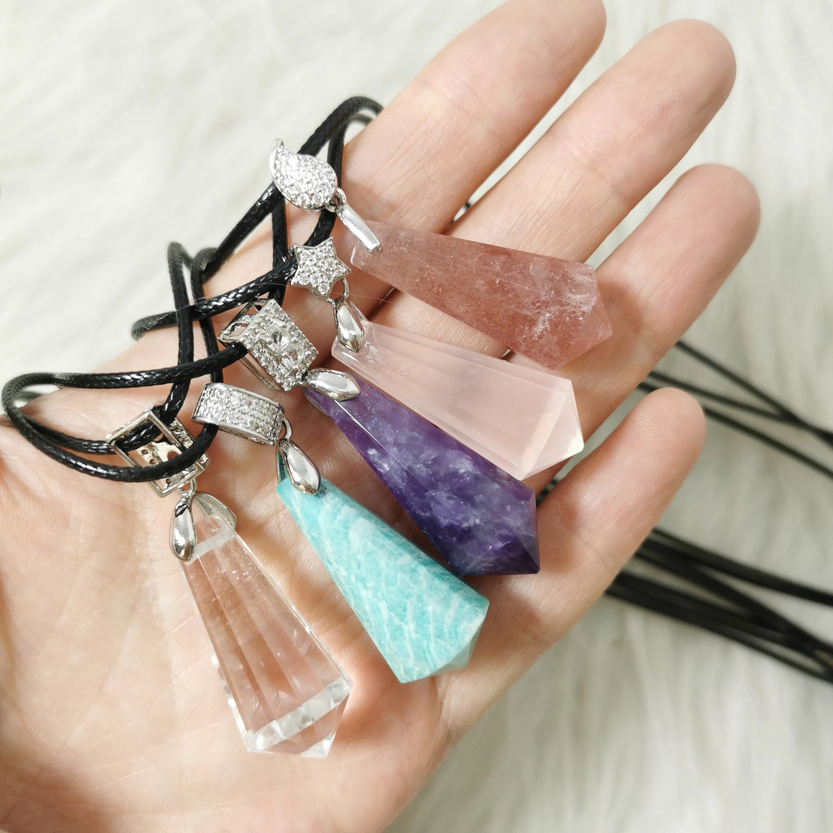 Hot Sale Natural Stone Strawberry Quartz Rose Quartz Amethyst Crystal Penduhum Necklace Pendant