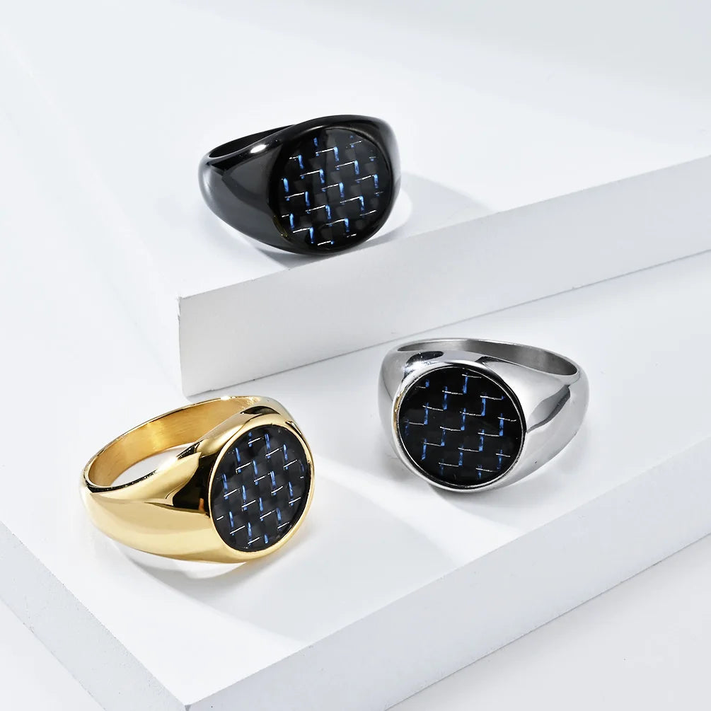 European American Trending 2023 Boys Ring Gold Plated Titanium Steel Carbon Fiber Stainless Steel Inlay Unique Simple Party 8g