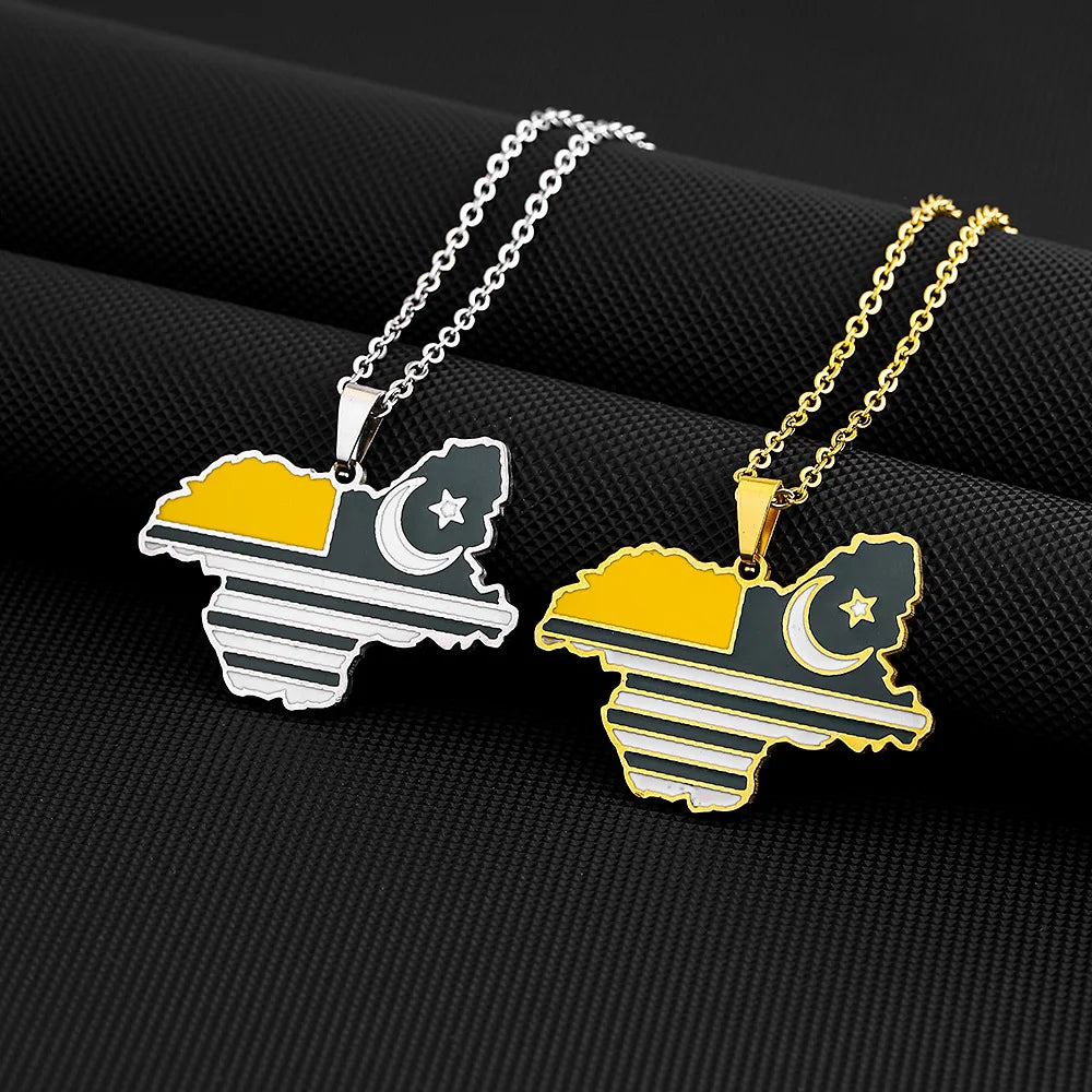 Manufacturer Stainless Steel Silver & 18K Gold Enamel Link Chain Necklaces Kashmir Map & Flag Pendant Necklace