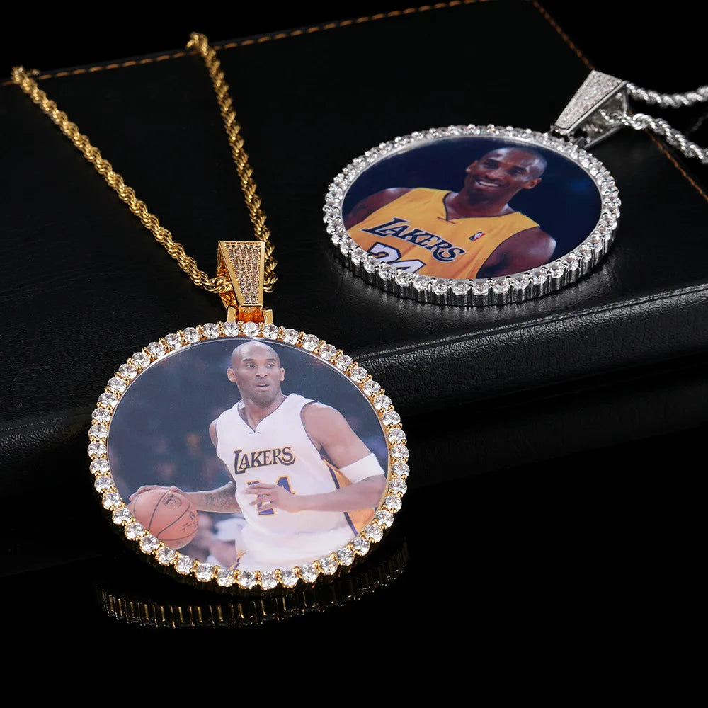 Friend Family Iced Out Men Women Hip Hop Luxury DIY Custom Photo Picture Big Circle Pendant Necklaces Personalized Jewelry