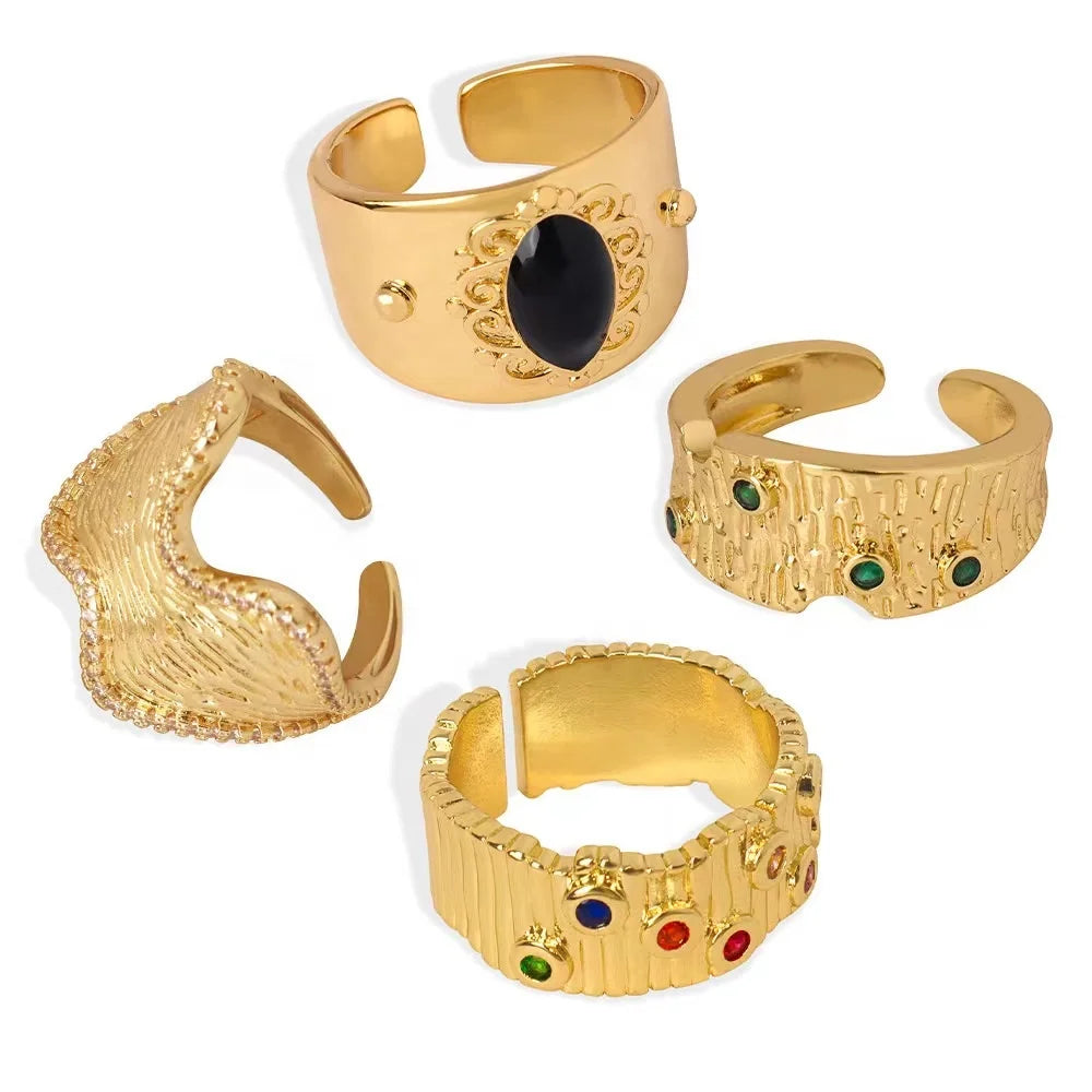 Vintage Crystal Textured Bold Ring Jewelry 18K Gold Waterproof Non Tarnish Open Zircon Stackable Statement Rings Women