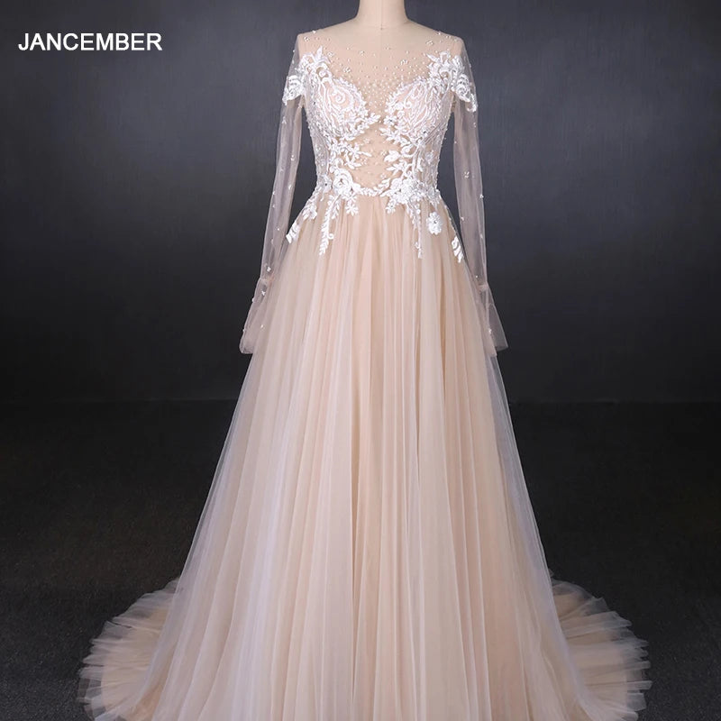 Custom-Made Lace Embroidery Tulle Long Sleeve Light A-Line Nude Evening Dress With Sheer Back for Outdoor Wedding Lsdz64