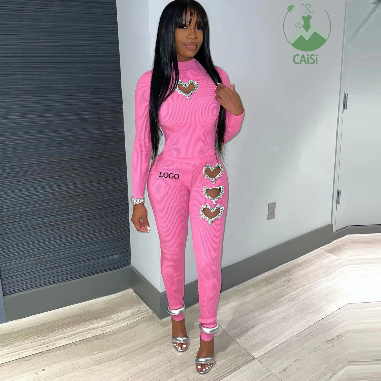 Women's Fashion Rhinestone Heart Two Piece Set Long Sleeve Top Tight Pant Casual 2 Piece Tracksuits Set Fall 2024 Women Clothes