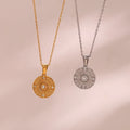 Dreamshow Vintage Engraved Round  Compass Shape Zircon Pendant Necklace 18K Gold Plated Stainless Steel Necklace