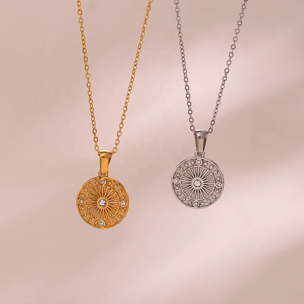 Dreamshow Vintage Engraved Round  Compass Shape Zircon Pendant Necklace 18K Gold Plated Stainless Steel Necklace