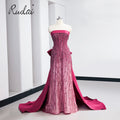 Ruolai HL325 Detachable Train Bow Strapless Neck Beaded Lace Burgundy Luxury Long  Evening Gown Dress