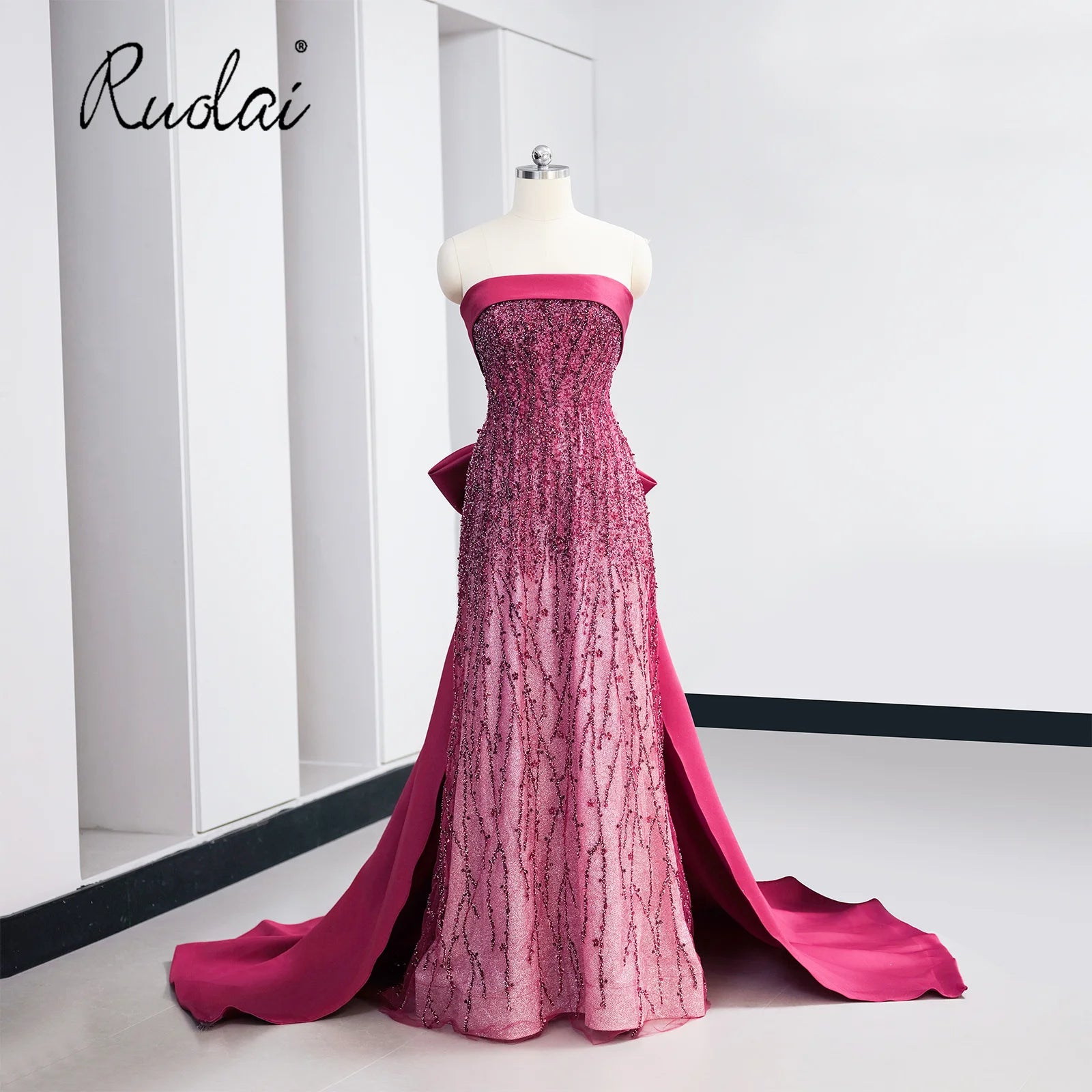 Ruolai HL325 Detachable Train Bow Strapless Neck Beaded Lace Burgundy Luxury Long  Evening Gown Dress
