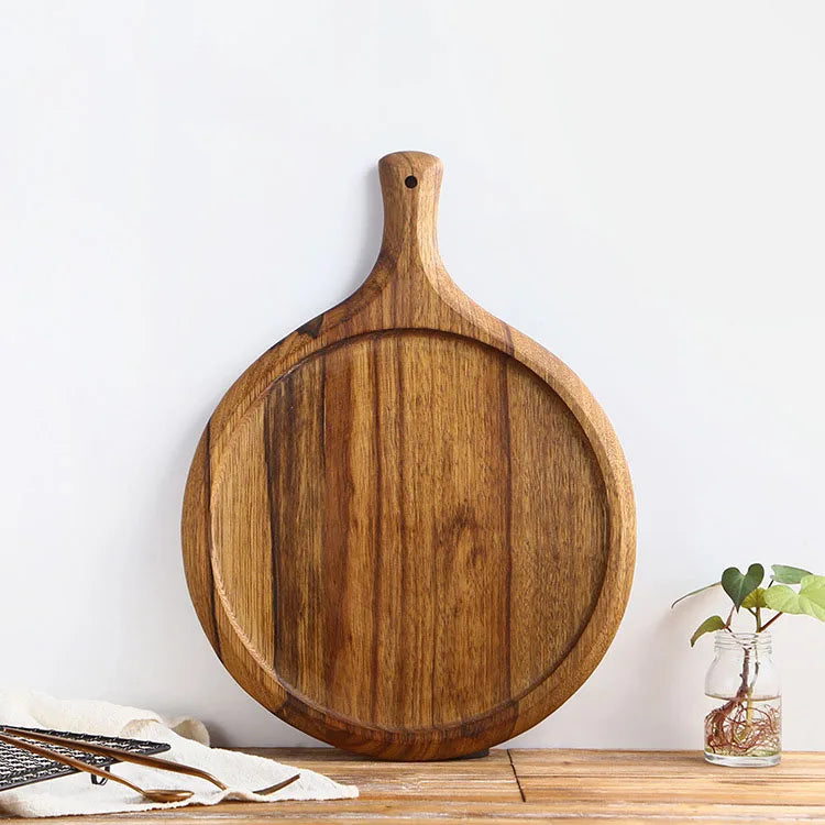 Old Carpenter Acacia Round Wooden Pizza Peel Cutting Board Cheese Paddle Serving Board With Handle