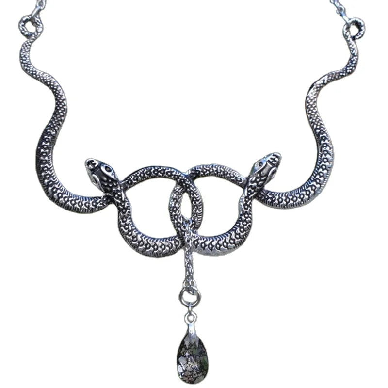 Medusa Snake Choker Necklace Double Snake Necklace Dark Jewelry Serpent Necklace with Crystal Pendant