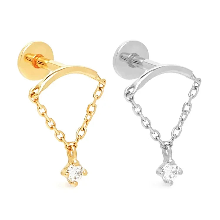 ROXI Fashion Simple 925 Sterling Silver Diamond Tassel Chain Flat Back Piercing Ear Stud Cartilage Zircon Helix Piercing Earring