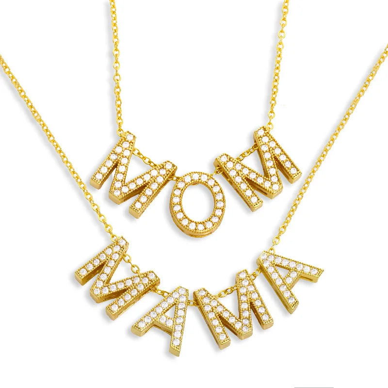 Women Alphabet Mama Pendant Necklace Gold Plated Diamond Letter Mom Necklace for Mother's Day Gift
