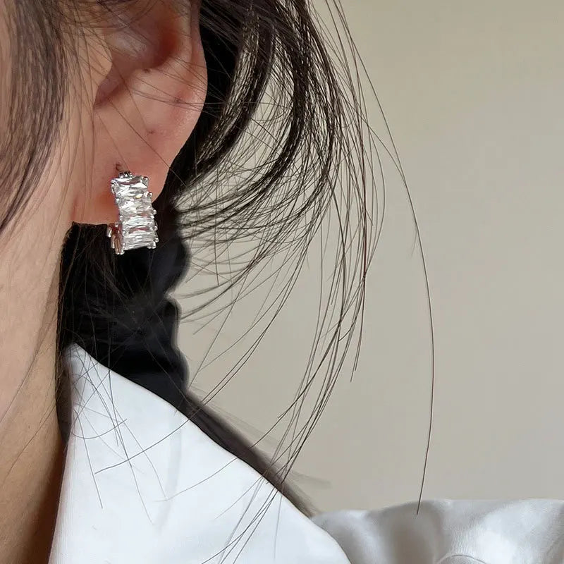 925 Sterling Silver Rhodium Plated Sparkling Cz baguette Hoop Earrings Dainty Small Hoops Earrings