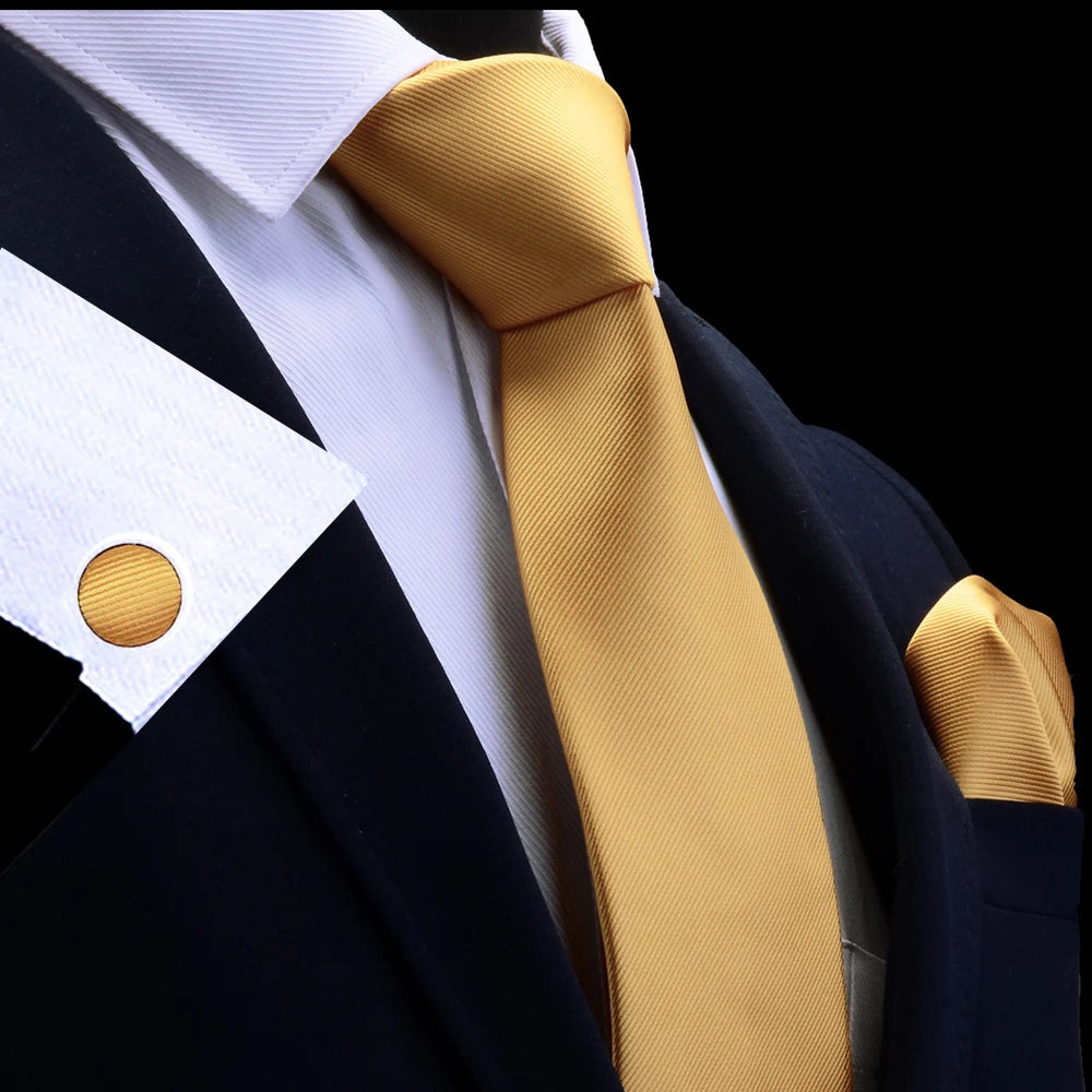 Solid Color Mens Skinny Silk Tie Set Plain Gravata Woven Neck Ties With Pocket Square Cufflinks for Mens Wedding Suits Cravate