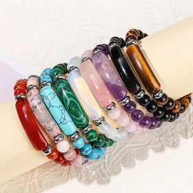 Hot Sale Tiger Eye Natural Stone Gemstone Bead Bracelet Crystal Pink Quartz Rectangle Bar Beaded Bracelets