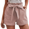 Female Summer Pure Color Solid Big Pocket Shorts Women Casual High Waist Linen Shorts
