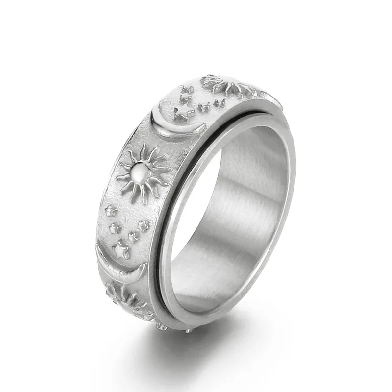 KALEN Unisex Vintage Silver/Gold/Black Stainless Steel Rotatable Sun&Moon&Stars Jewelry Ring