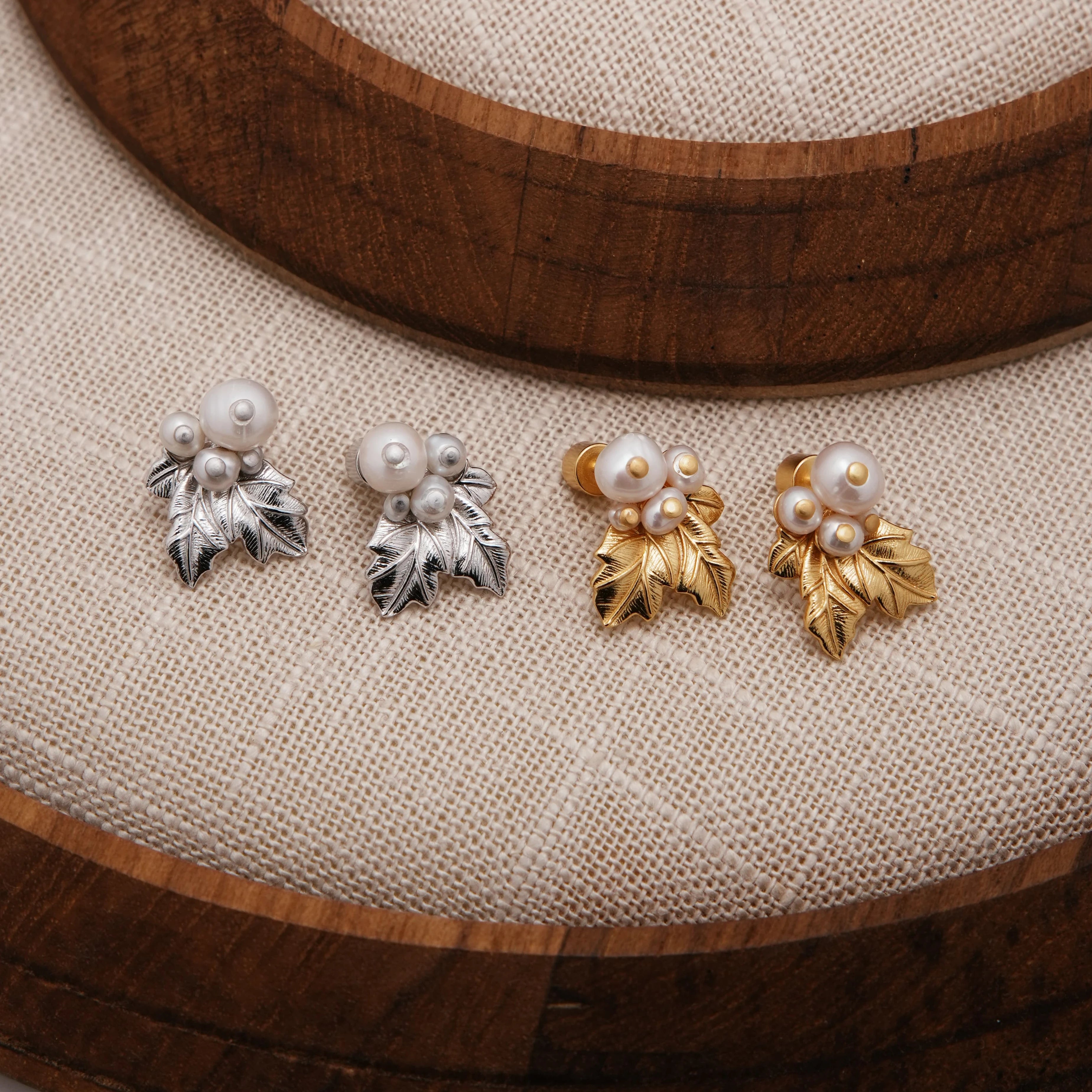 New Trendy Real Gold Plated Brass Mulberry Leaf Pearl Stud Earrings Women DOZM ES21791 Wedding/Anniversary