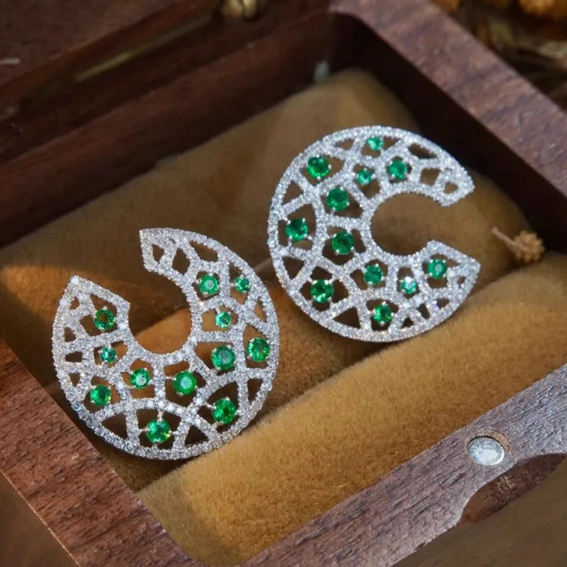 CAOSHI ODM Unique Big C Shaped Piercing Design Green/White Zircon Earrings Wedding Party Silver Plated CZ Stud Earring for Women