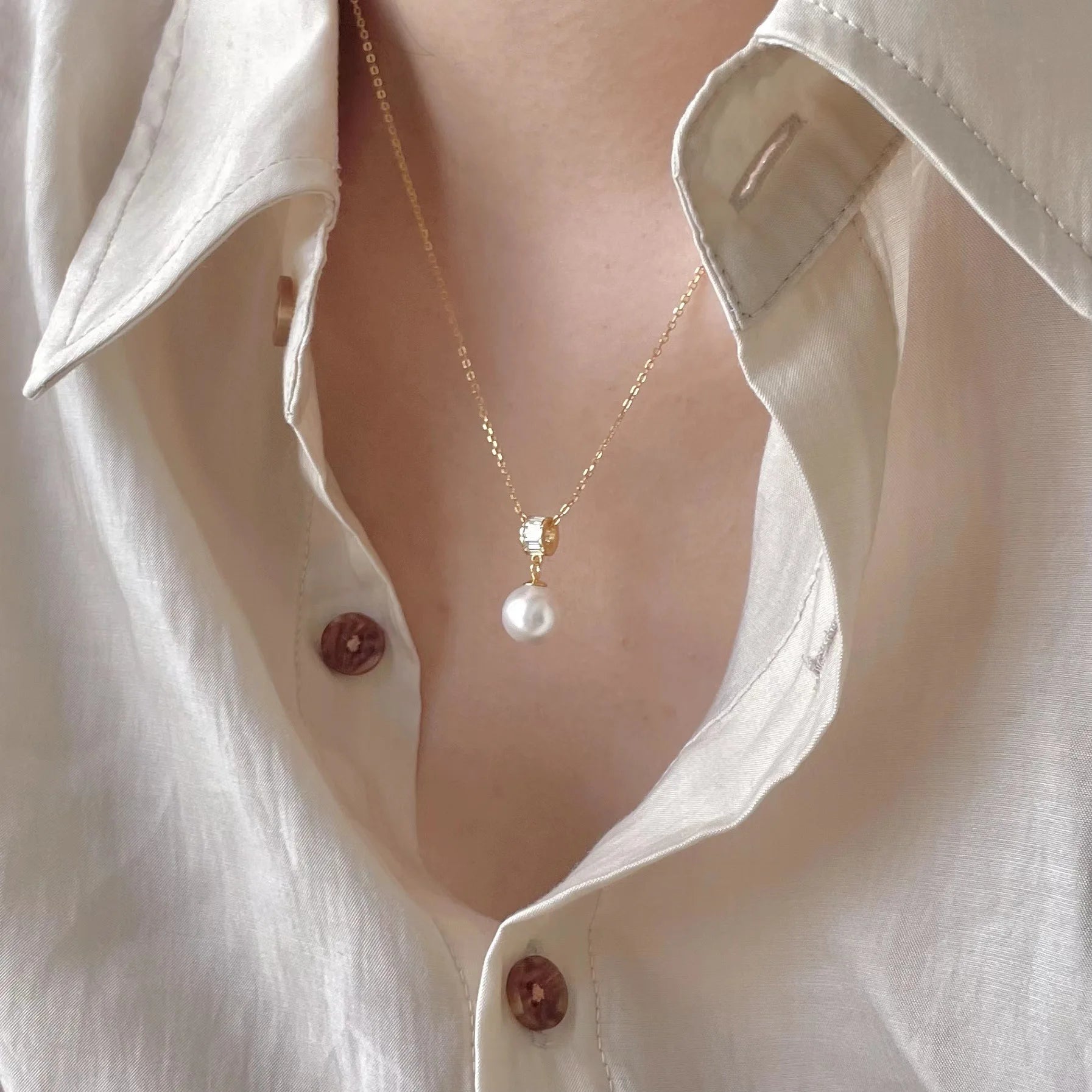 Fashion Jewelry Round Zircon Pearl Pendant Necklace Gold Plated 925 Sterling Silver Necklace for Women