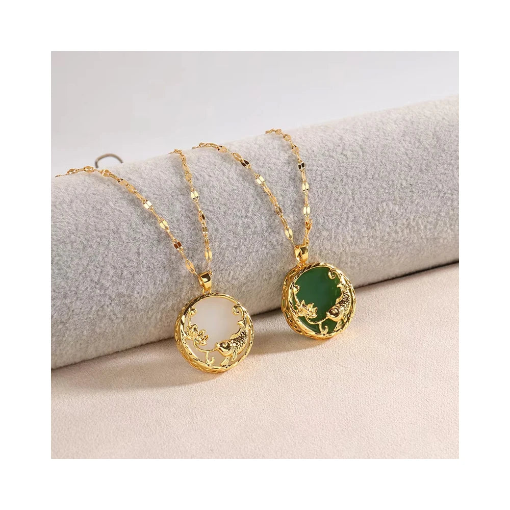 RisingMoon Collar Round 18K Gold Stainless Steel Necklaces Lucky Fish Natural Jade Necklace