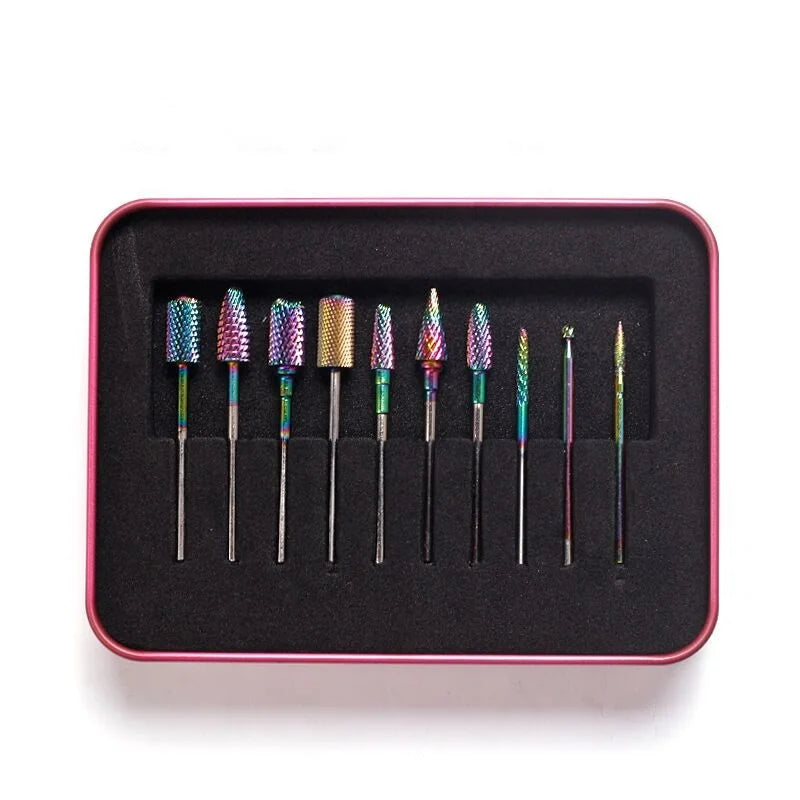 Hot Sale Nail Tungsten Steel Grinding Head Set 10pcs/Set Colorful Nail Drill Bit Set in Aluminum Boxes