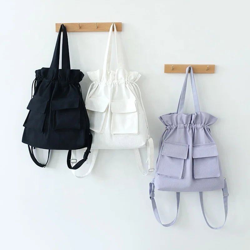 Hot Sale Custom Reusable  Plain Drawstring Cotton Canvas Tote Backpack Bag for Girls