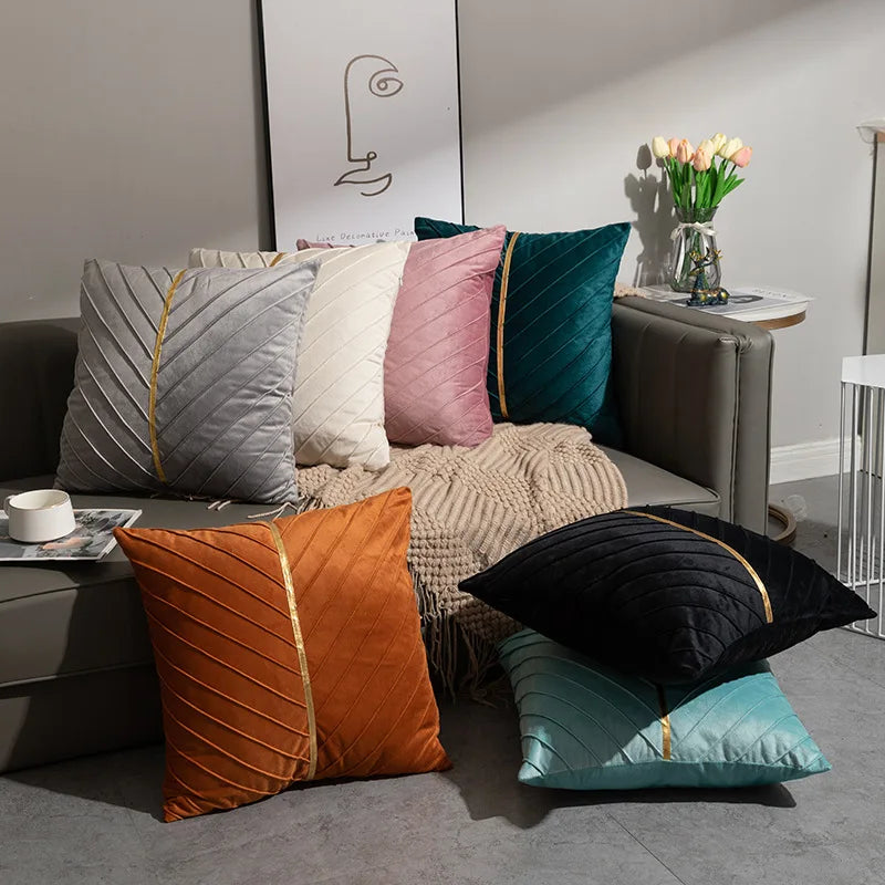Hot Stamping Golden Velvet Pillow Cover Patchwork Wrinkle Cushion Cover Solid Velvet Throw Pillow Cover for Home Sofa Decor