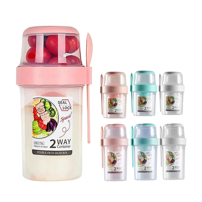 BPA Free Portable Breakfast Cup PP Plastic Salad Container with Lid and Spoon for Lunch Overnight Oats or To-go Cereal