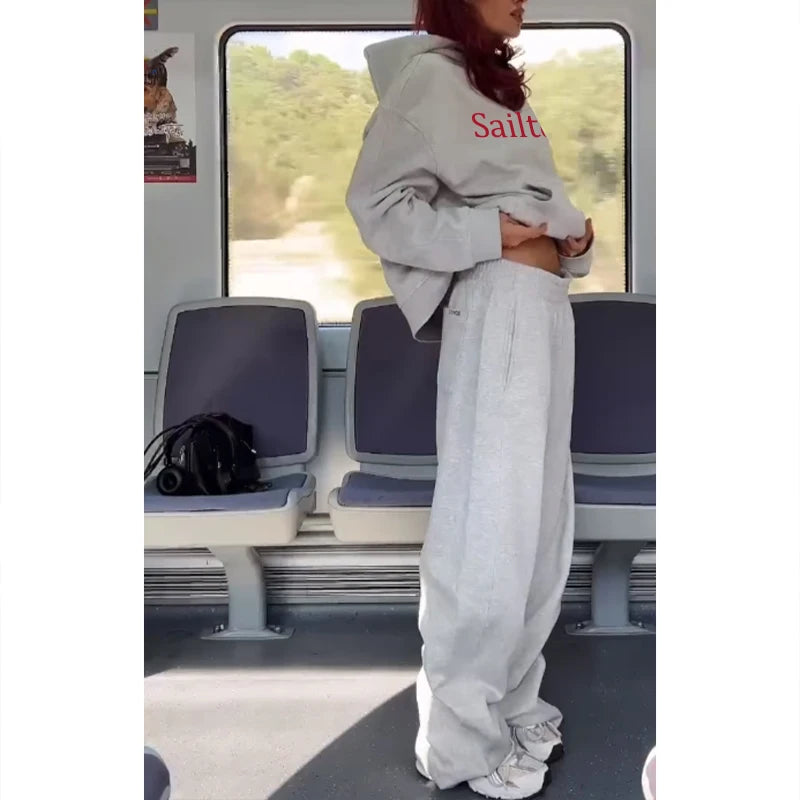 Trending Product Clothing Custom Puff Print Sweatsuit Cotton Tracksuit 2 Piece Jogging Suits Wide Leg Sweatpants and Hoodie Set