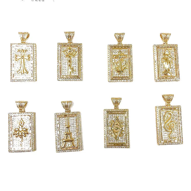 CZ8129 Big 18K Gold Plated CZ Micro Pave Anchor Mary Evil EyeS Cross Eiffel Tower on Rectangle  Medallion Pendants