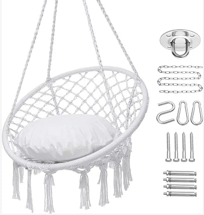 Woqi Outdoor  Macrame  White  Round Shape Hammock Chair Hanging Chair Hammock Swing for Garden Porch