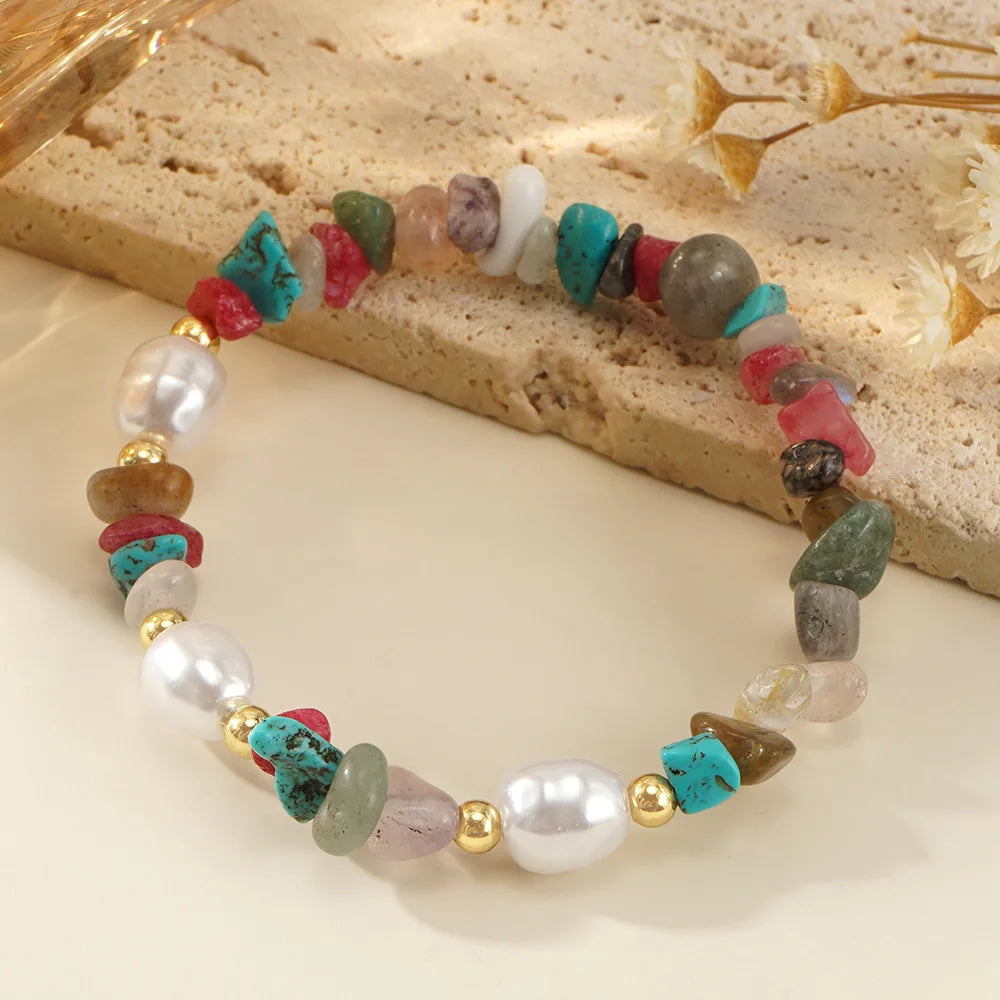 Luxury Pearl Copper Beads Colorful Gravel Semi-precious Stone Bracelet Vintage Ethnic Style Beaded Bracelet for Women