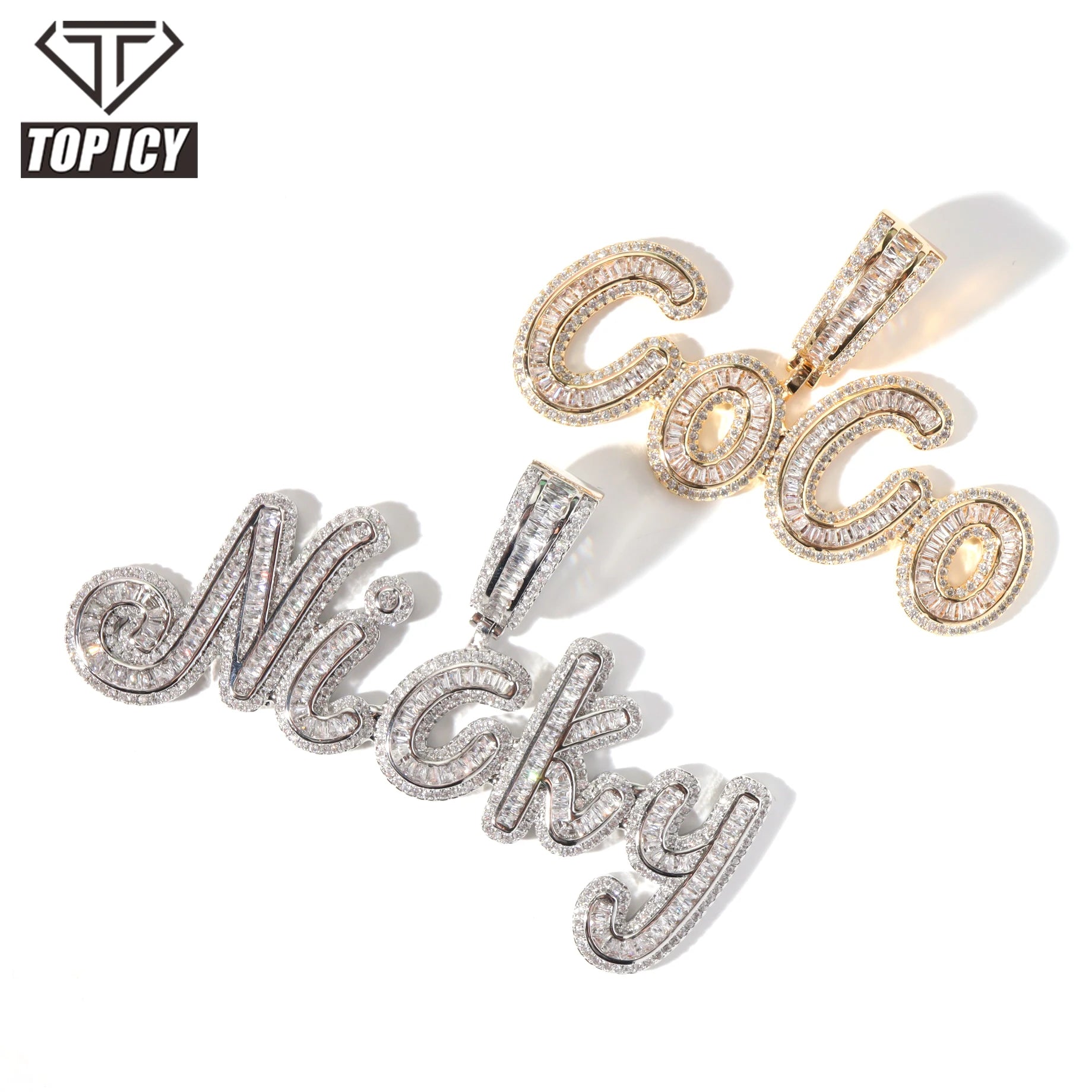 Baguette CZ Brush Font Big Size Custom Name Necklace Personalized Initial 26 Letters pink Name Plate Necklace Iced Out Jewelry