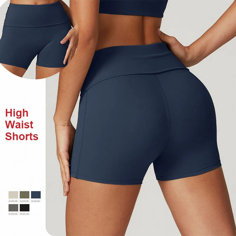 CNSHELL Custom Logo Folded High Waist Scruch Butt Brushed Fabric Yoga Fitting Fitness Running Gym Shorts