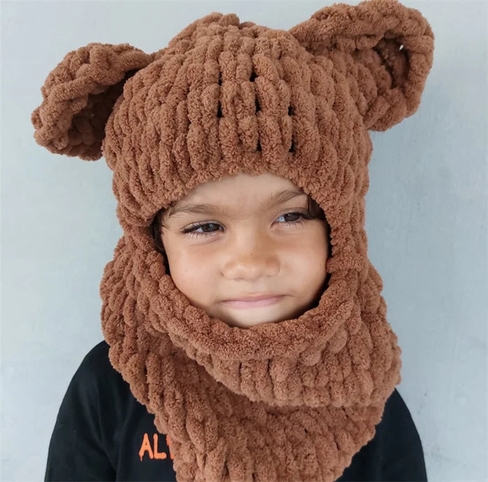 S9435 Hot Sale 2023 Cute Boys Girls Windproof Balaclava Chunky Thick Fluffy Chenille Hats Thermal Ski Mask with Bear Ears