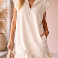 Customizable Versatile Plain Zip V Neck Sleeveless Mini Dress Loose a Line Ruffle Hem Dress With Dual Pockets for Daily Errands MegaBDM