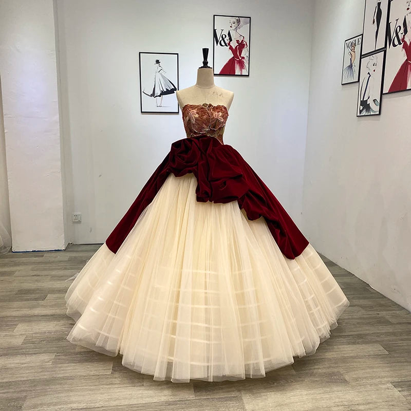Jancember Wm009 Flower Red and Champagne Modest Ball Gown Evening Dress