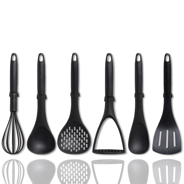 6-Piece Black Nylon Non-Stick Kitchen Utensil Set for Home Kitchen Use with Durable Construction and Good Packing