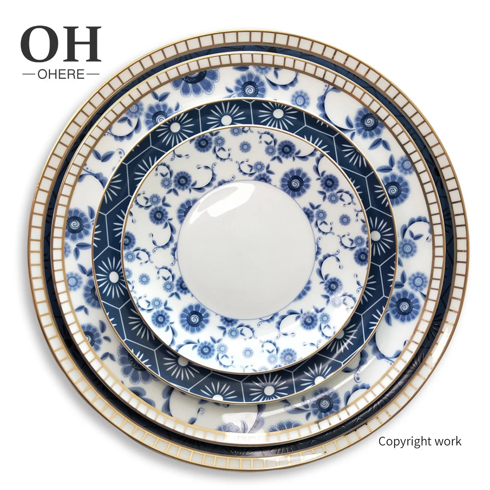 Premium High-end Eco-Friendly Customized Blue Flower Charger Plate Bone China Dinnerware Set Stocked 100pcs Wedding Decoration