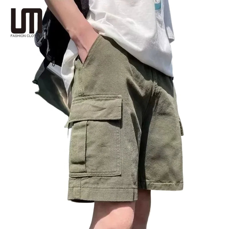 Custom logo Men's Summer Cargo Shorts Loose Oversize Casual Japanese Trendy Knee-Length Elastic Waist Streetwear Short Pants