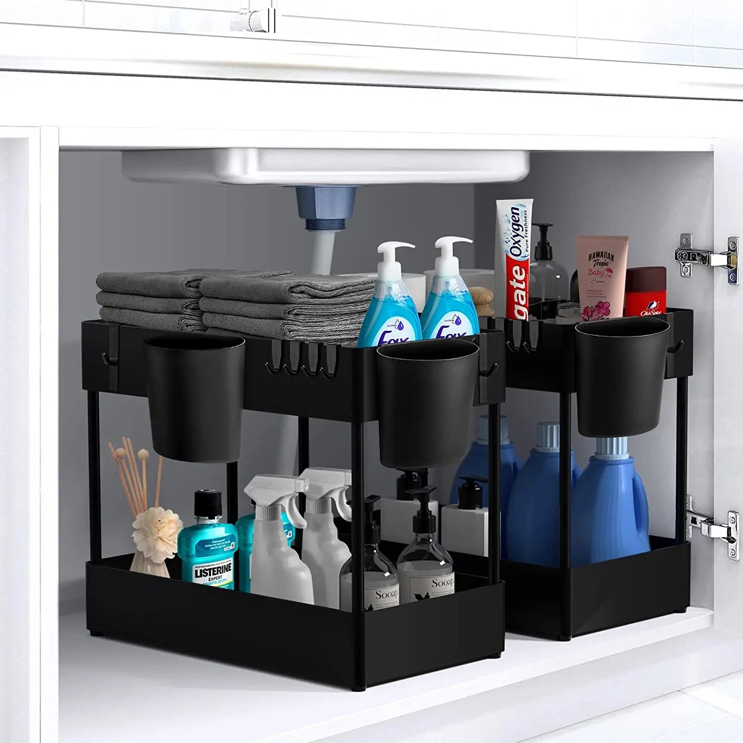 Under Sink Organizer for Bathroom & Kitchen Pull-Out Storage Rack with Anti-slip Pads & Hooks 2 Tier