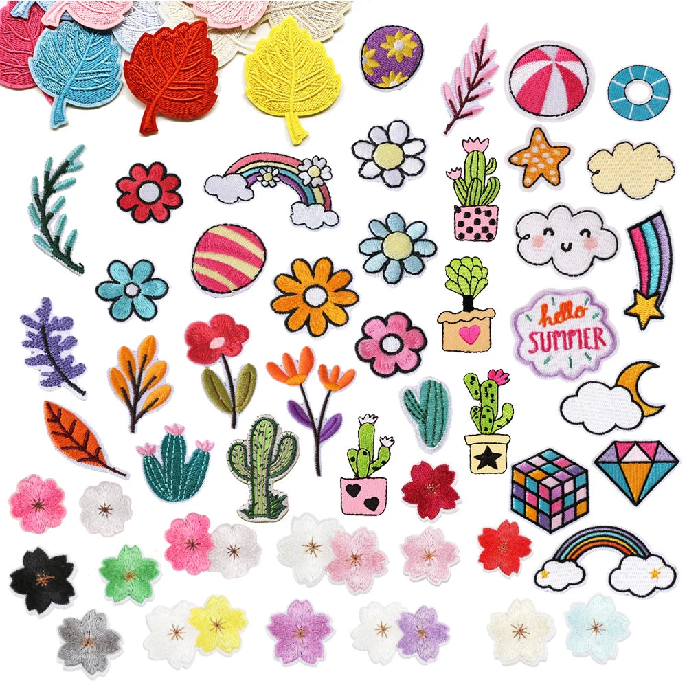 Lovely Hot Sale Small Sakura plum Flower Leaf Cactus Plant rainbow Cloud Design Iron on Embroidery Patches for Kids Dress