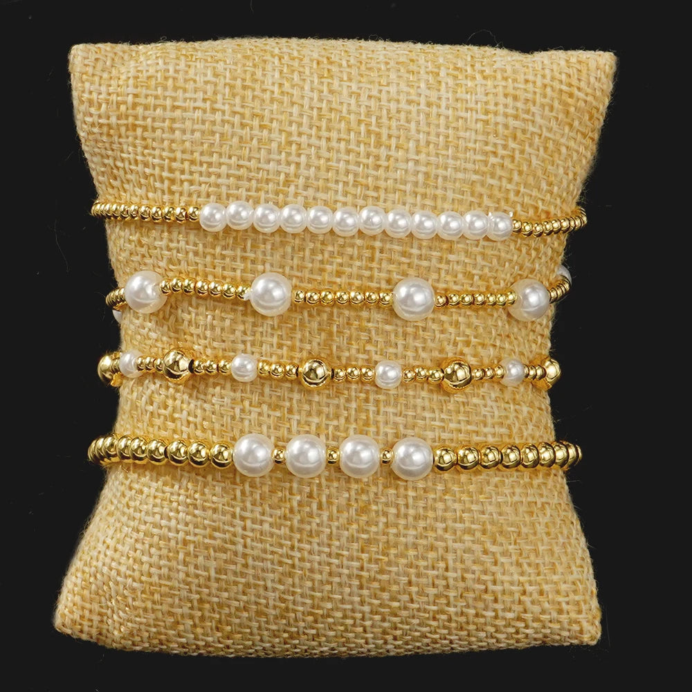 Go2boho Gold Plated and Faux Pearl Beaded Bracelet Set 4 Pieces Adjustable Handmade Jewelry for Women Perfect Gift Idea